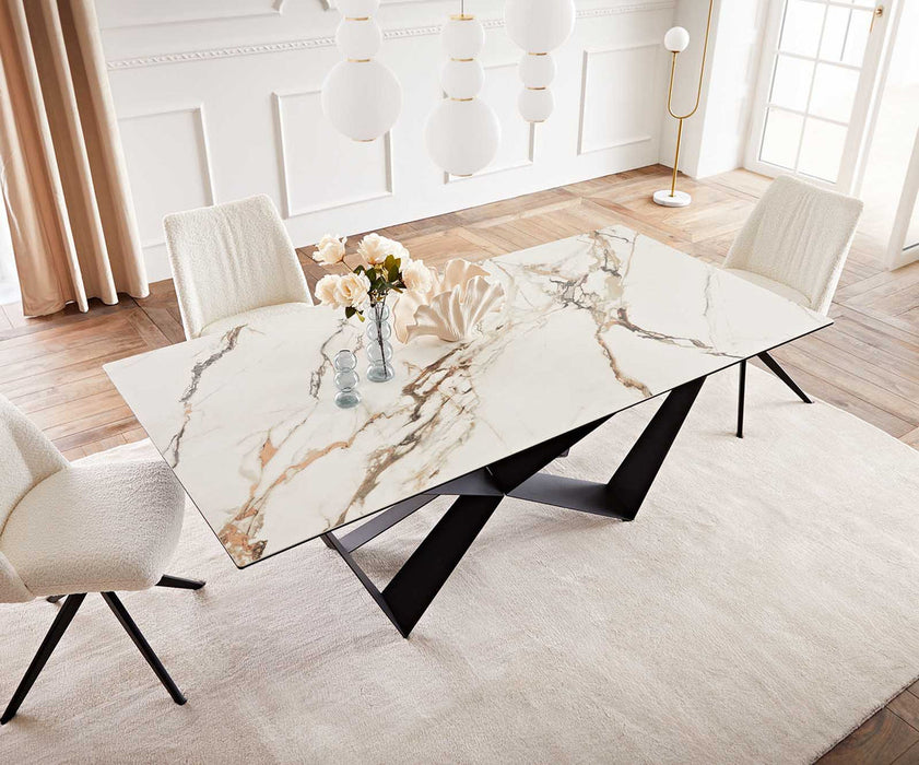 Dining Table Aurora 200x100cm Ceramic Calacatta Luxe Gold Spider Frame Black