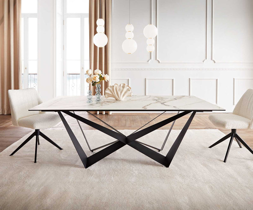 Dining Table Aurora 200x100cm Ceramic Calacatta Luxe Gold Spider Frame Black