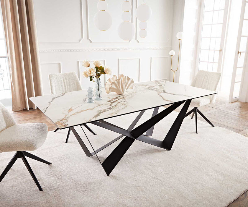 Dining Table Aurora 200x100cm Ceramic Calacatta Luxe Gold Spider Frame Black