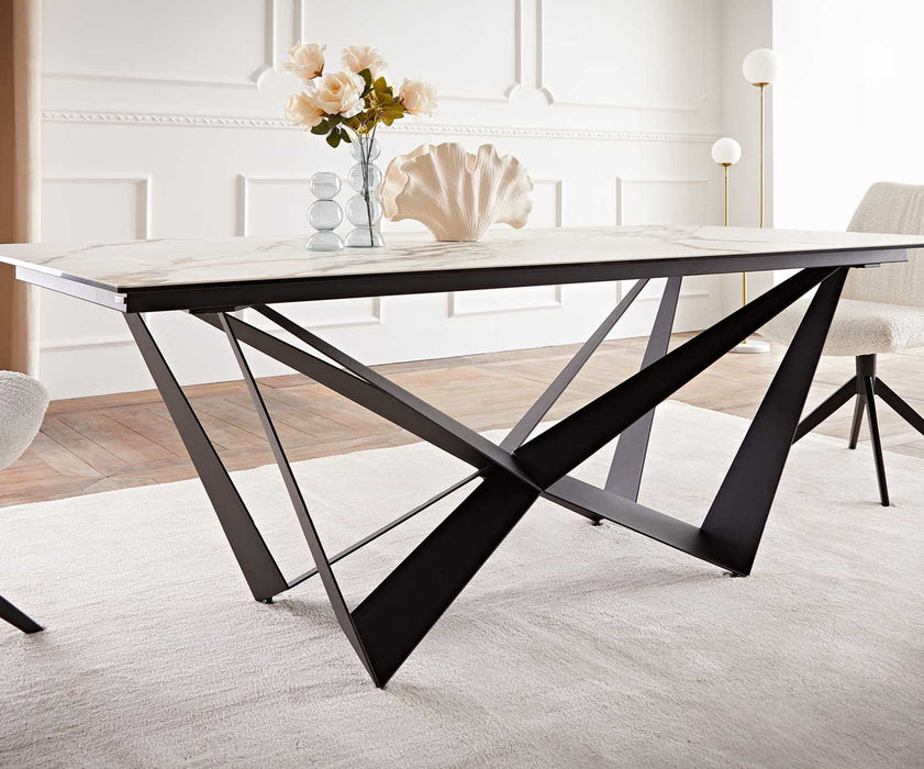 Dining Table Aurora 200x100cm Ceramic Calacatta Luxe Gold Spider Frame Black