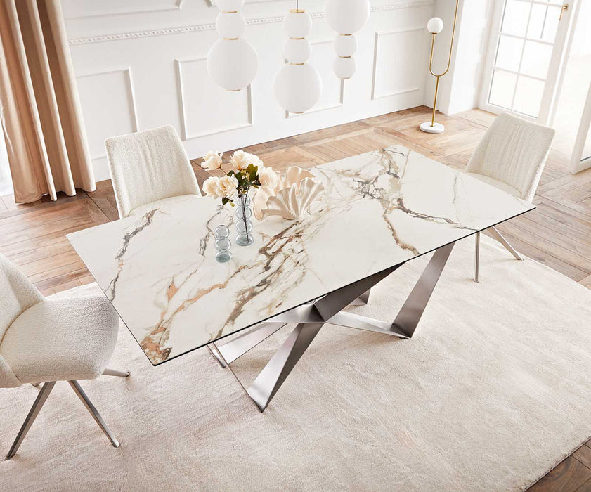 Dining Table Aurora 200x100cm Ceramic Calacatta Luxe Gold Spider Frame Silver