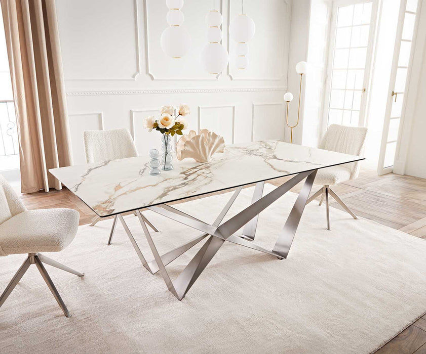 Dining Table Aurora 200x100cm Ceramic Calacatta Luxe Gold Spider Frame Silver