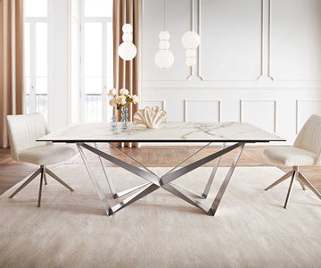 Dining Table Aurora 200x100cm Ceramic Calacatta Luxe Gold Spider Frame Silver