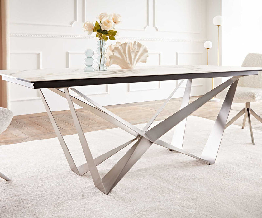 Dining Table Aurora 200x100cm Ceramic Calacatta Luxe Gold Spider Frame Silver
