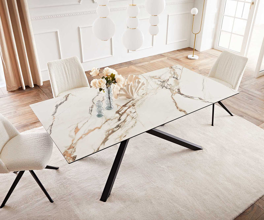 Dining Table Aurora 200x100cm Ceramic Calacatta Luxe Gold Cross Frame Black