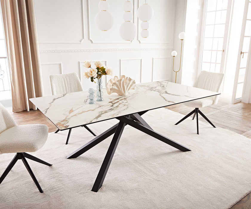 Dining Table Aurora 200x100cm Ceramic Calacatta Luxe Gold Cross Frame Black