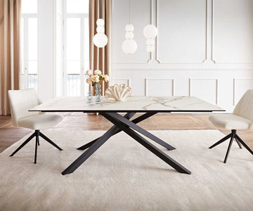 Dining Table Aurora 200x100cm Ceramic Calacatta Luxe Gold Cross Frame Black