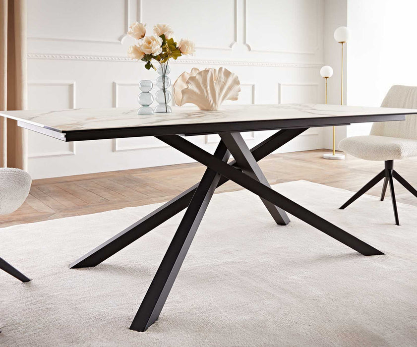 Dining Table Aurora 200x100cm Ceramic Calacatta Luxe Gold Cross Frame Black