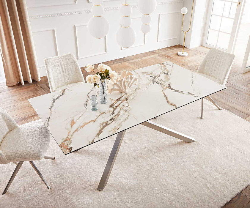 Dining Table Aurora 200x100cm Ceramic Calacatta Luxe Gold Cross Frame Silver