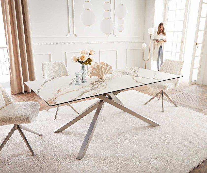 Dining Table Aurora 200x100cm Ceramic Calacatta Luxe Gold Cross Frame Silver