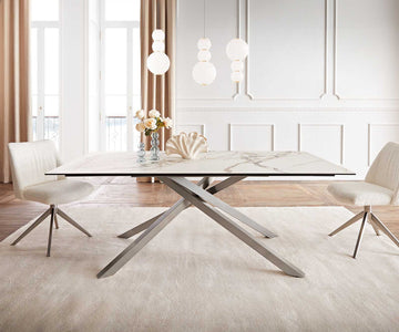 Dining Table Aurora 200x100cm Ceramic Calacatta Luxe Gold Cross Frame Silver