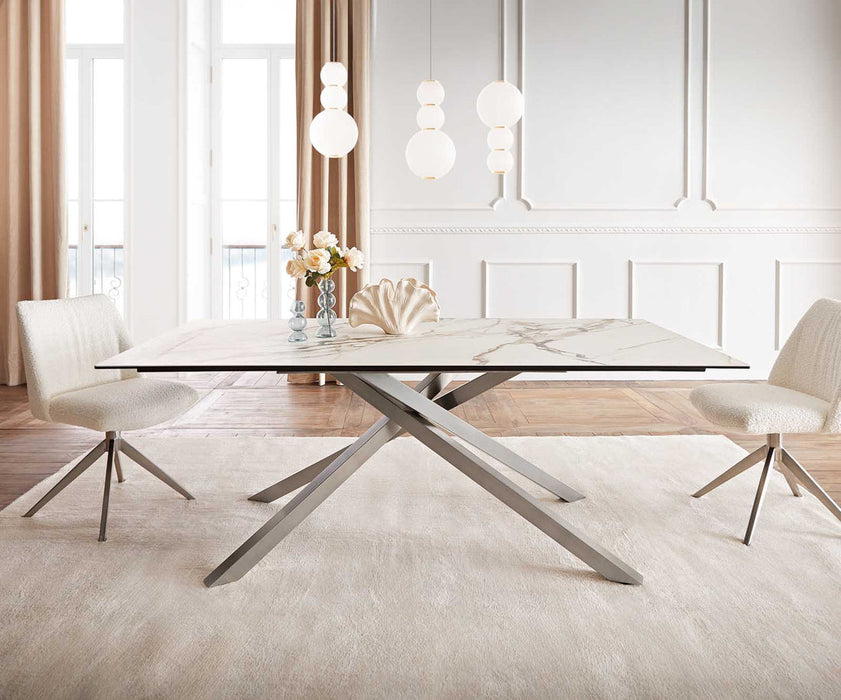 Dining Table Aurora 200x100cm Ceramic Calacatta Luxe Gold Cross Frame Silver