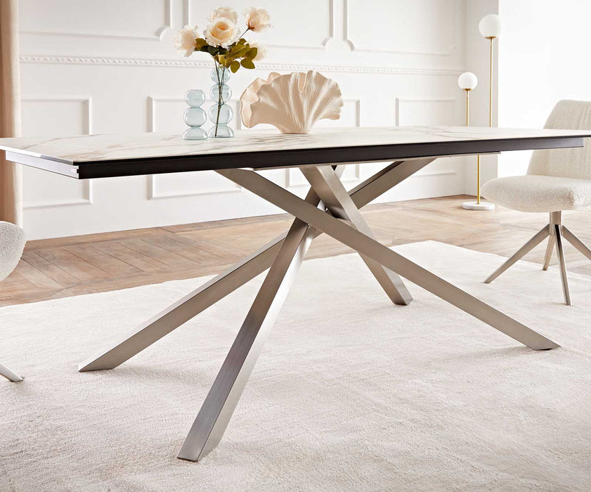 Dining Table Aurora 200x100cm Ceramic Calacatta Luxe Gold Cross Frame Silver