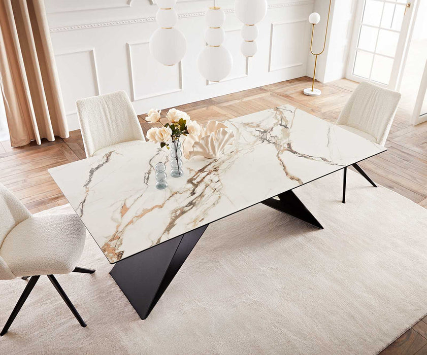 Dining Table Aurora 200x100cm Ceramic Calacatta Luxe Gold V-Frame Black