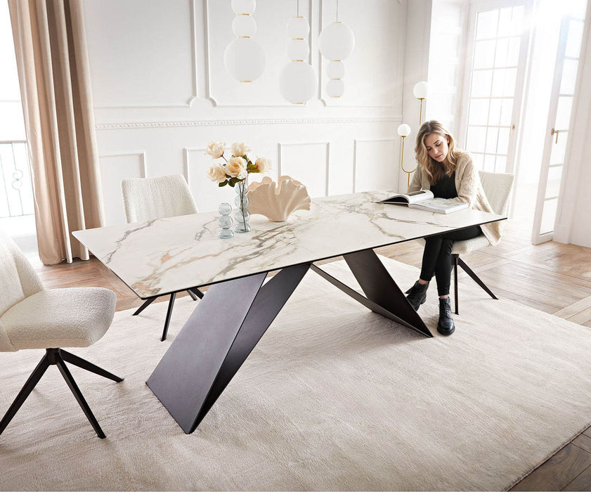 Dining Table Aurora 200x100cm Ceramic Calacatta Luxe Gold V-Frame Black
