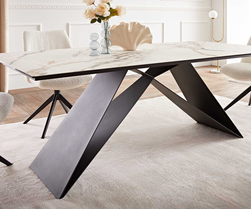 Dining Table Aurora 200x100cm Ceramic Calacatta Luxe Gold V-Frame Black