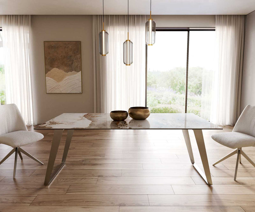 Dining Table Aurora 200x100cm Ceramic Minas Melange Beige Slanted Frame Silver