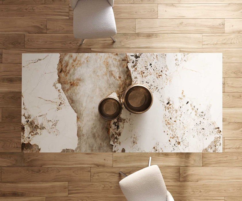 Dining Table Aurora 200x100cm Ceramic Minas Melange Beige Spider Frame Silver