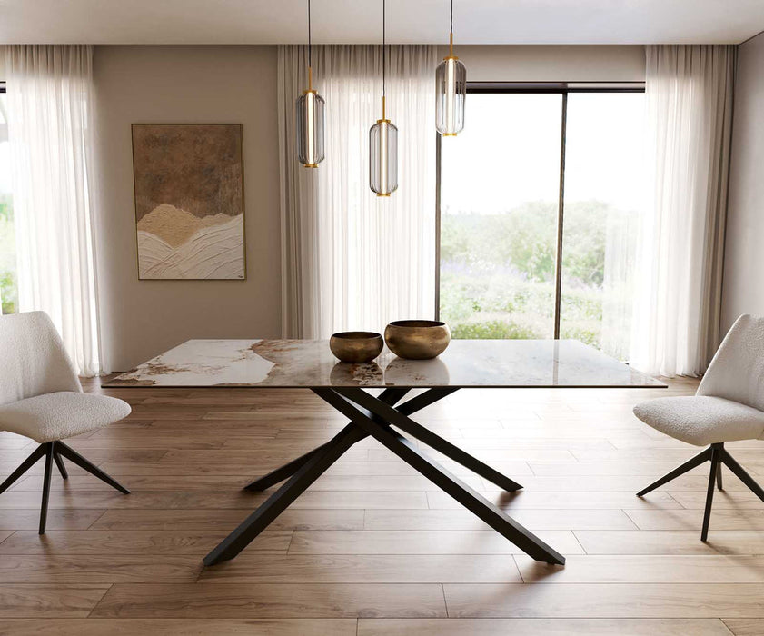 Dining Table Aurora 200x100cm Ceramic Minas Melange Beige Cross Frame Black