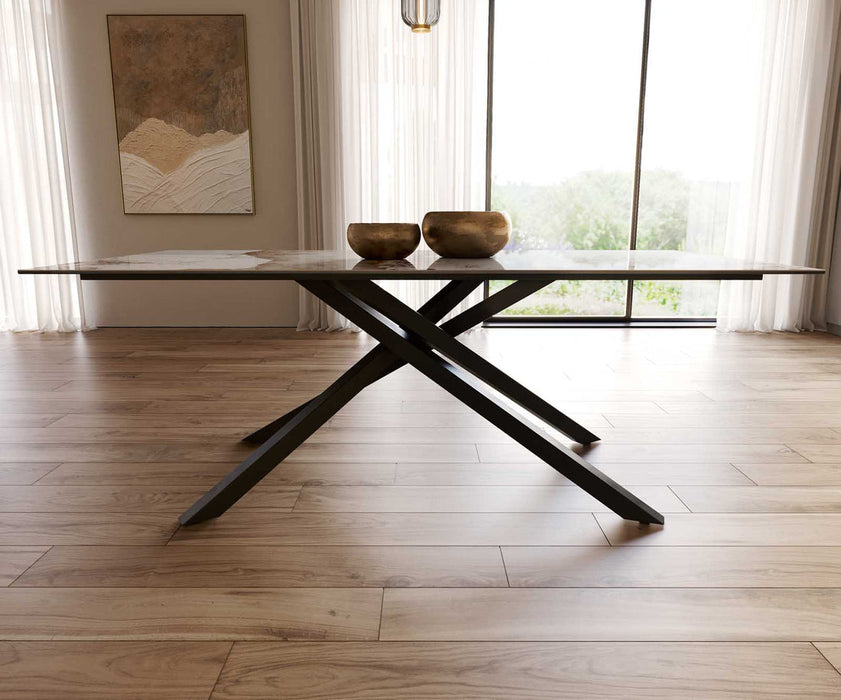 Dining Table Aurora 200x100cm Ceramic Minas Melange Beige Cross Frame Black