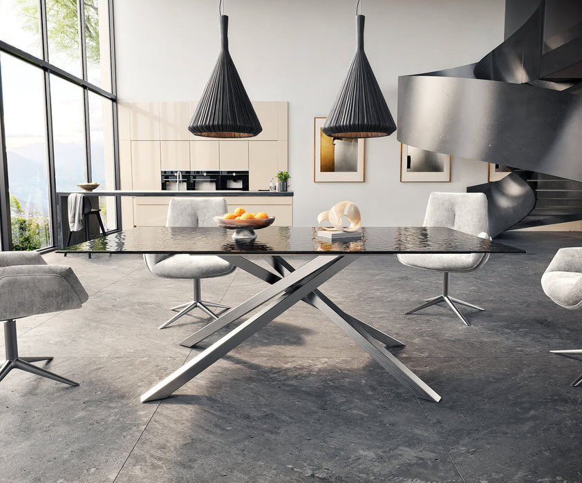 Dining Table Aurora 200x100cm Glass Black Cross Frame Silver