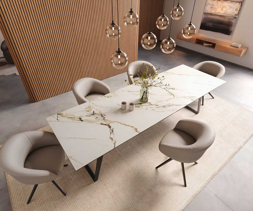 Dining Table Aurora 300x100cm Ceramic Calacatta Luxe Gold Slanted Frame Black