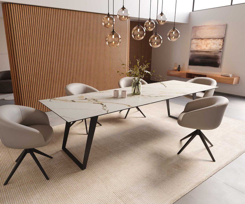 Dining Table Aurora 300x100cm Ceramic Calacatta Luxe Gold Slanted Frame Black