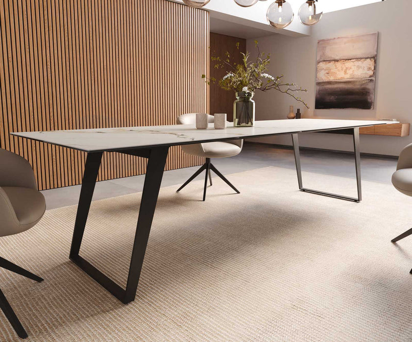 Dining Table Aurora 300x100cm Ceramic Calacatta Luxe Gold Slanted Frame Black