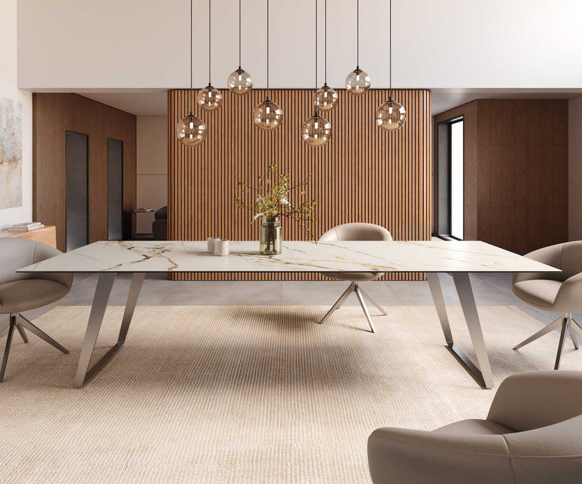 Dining Table Aurora 300x100cm Ceramic Calacatta Luxe Gold Slanted Frame Silver