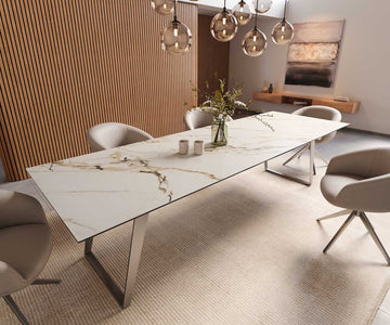 Dining Table Aurora 300x100cm Ceramic Calacatta Luxe Gold Slanted Frame Silver