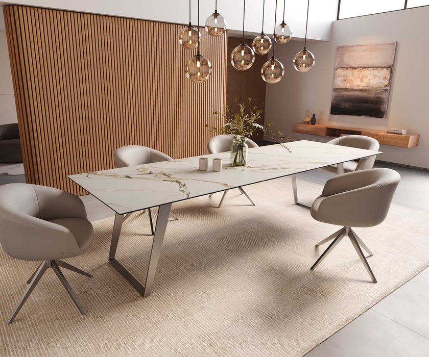 Dining Table Aurora 300x100cm Ceramic Calacatta Luxe Gold Slanted Frame Silver