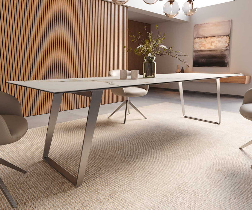 Dining Table Aurora 300x100cm Ceramic Calacatta Luxe Gold Slanted Frame Silver