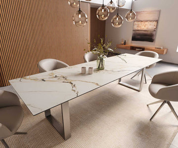 Dining Table Aurora 300x100cm Ceramic Calacatta Luxe Gold Square Frame Slim Silver