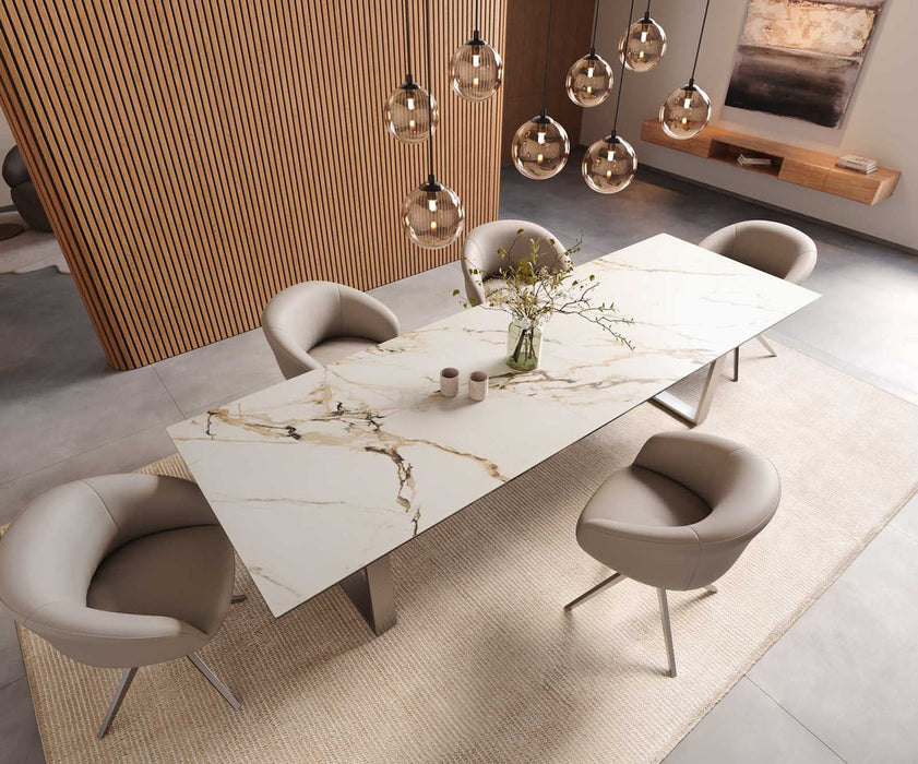 Dining Table Aurora 300x100cm Ceramic Calacatta Luxe Gold Square Frame Slim Silver