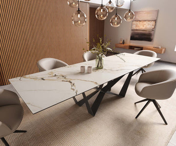 Dining Table Aurora 300x100cm Ceramic Calacatta Luxe Gold Spider Frame Black
