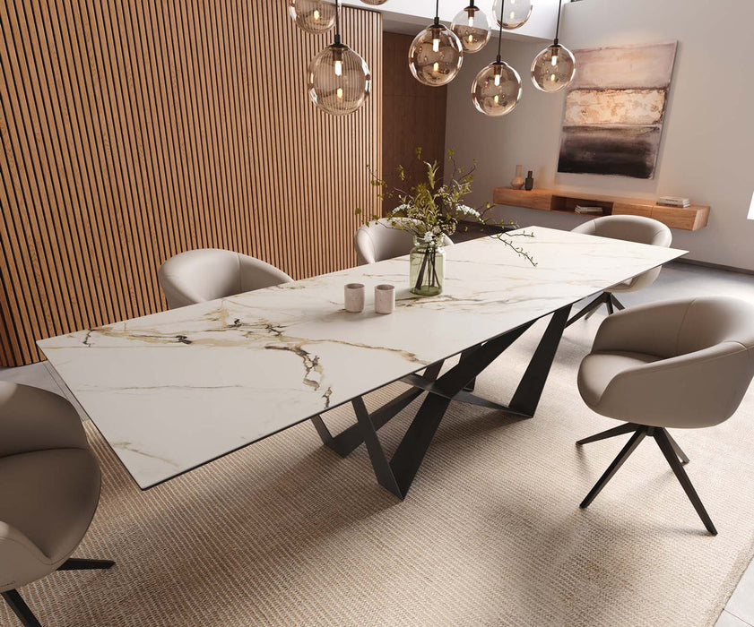 Dining Table Aurora 300x100cm Ceramic Calacatta Luxe Gold Spider Frame Black