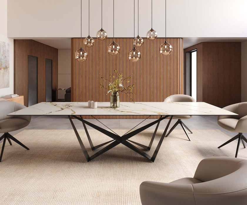 Dining Table Aurora 300x100cm Ceramic Calacatta Luxe Gold Spider Frame Black