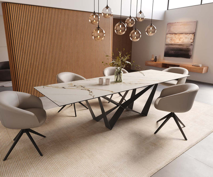 Dining Table Aurora 300x100cm Ceramic Calacatta Luxe Gold Spider Frame Black