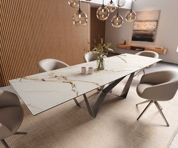 Dining Table Aurora 300x100cm Ceramic Calacatta Luxe Gold Spider Frame Silver