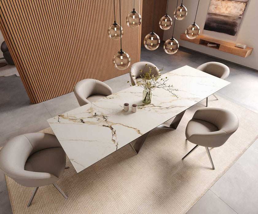 Dining Table Aurora 300x100cm Ceramic Calacatta Luxe Gold Spider Frame Silver