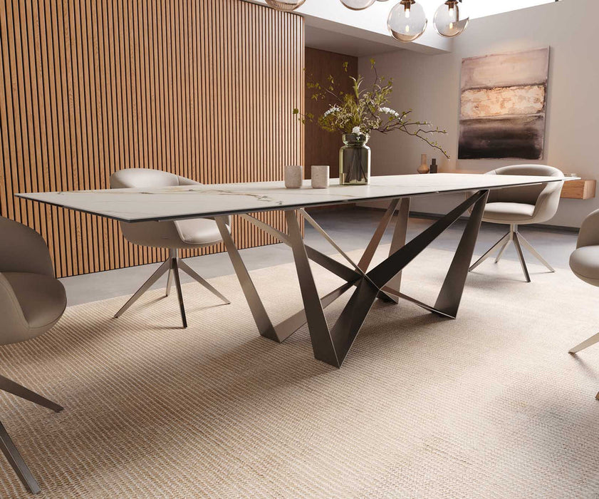 Dining Table Aurora 300x100cm Ceramic Calacatta Luxe Gold Spider Frame Silver