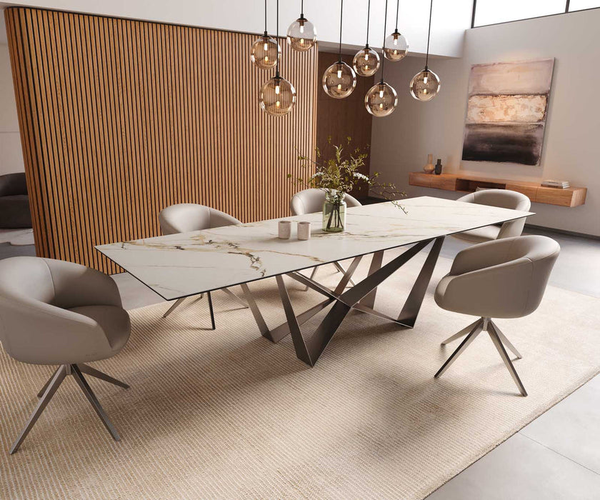 Dining Table Aurora 300x100cm Ceramic Calacatta Luxe Gold Spider Frame Silver