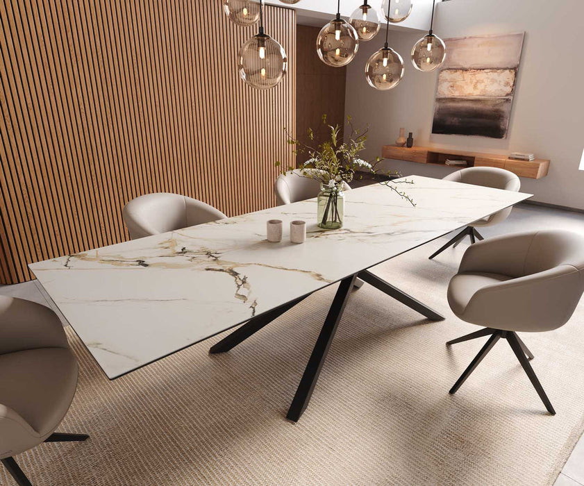 Dining Table Aurora 300x100cm Ceramic Calacatta Luxe Gold Cross Frame Black