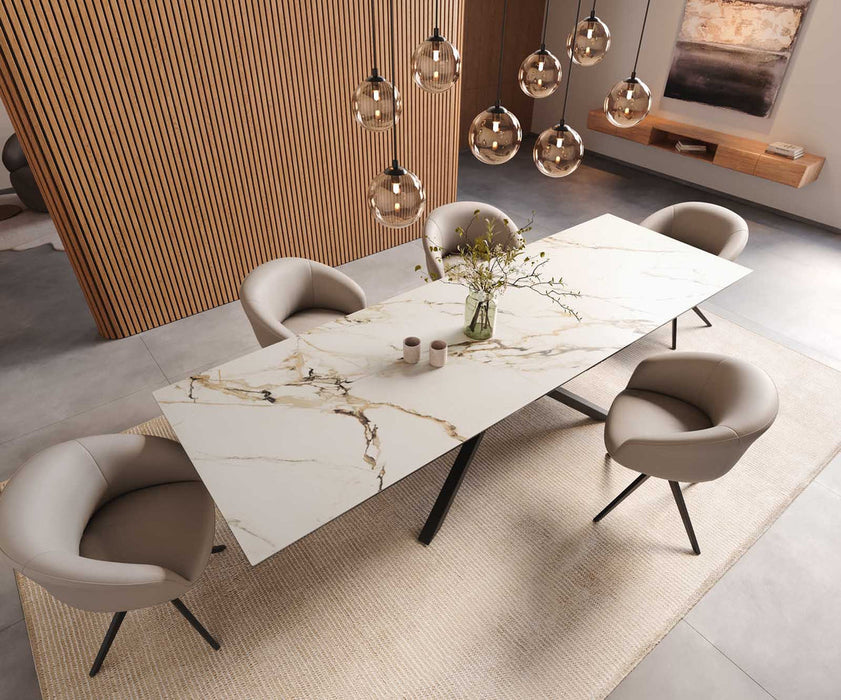 Dining Table Aurora 300x100cm Ceramic Calacatta Luxe Gold Cross Frame Black