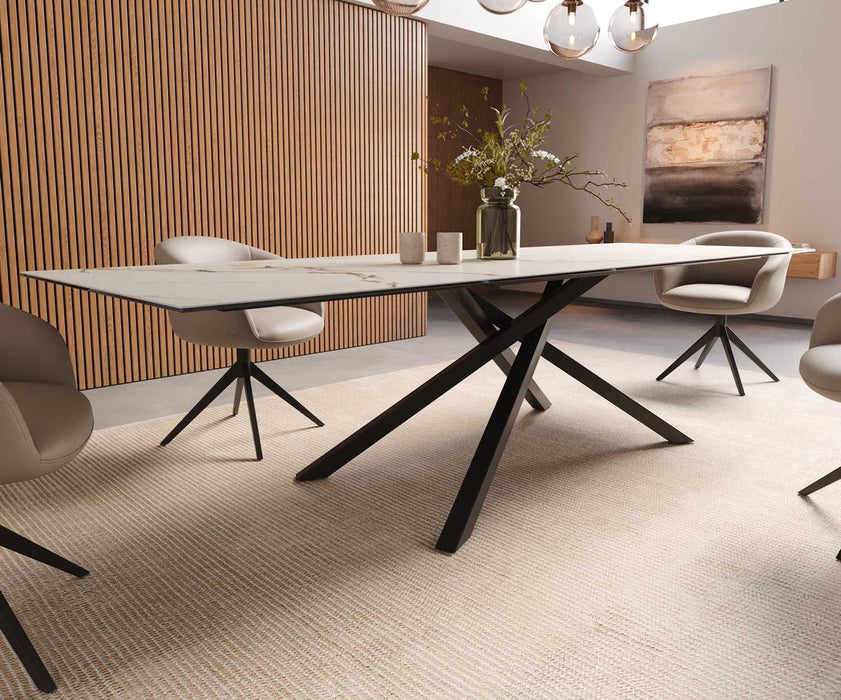 Dining Table Aurora 300x100cm Ceramic Calacatta Luxe Gold Cross Frame Black