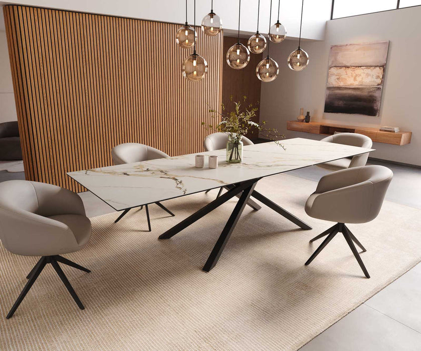 Dining Table Aurora 300x100cm Ceramic Calacatta Luxe Gold Cross Frame Black