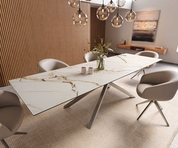 Dining Table Aurora 300x100cm Ceramic Calacatta Luxe Gold Cross Frame Silver