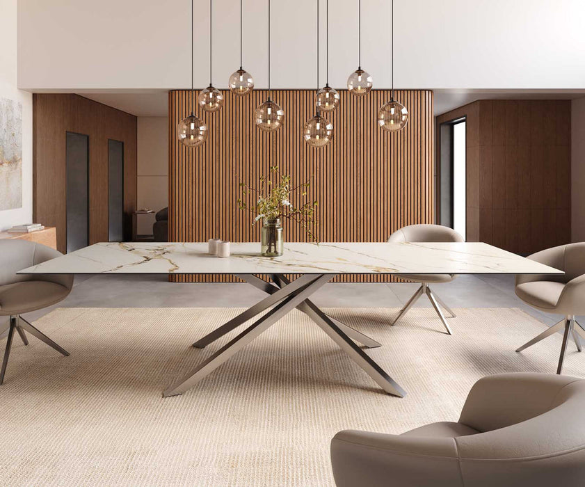 Dining Table Aurora 300x100cm Ceramic Calacatta Luxe Gold Cross Frame Silver