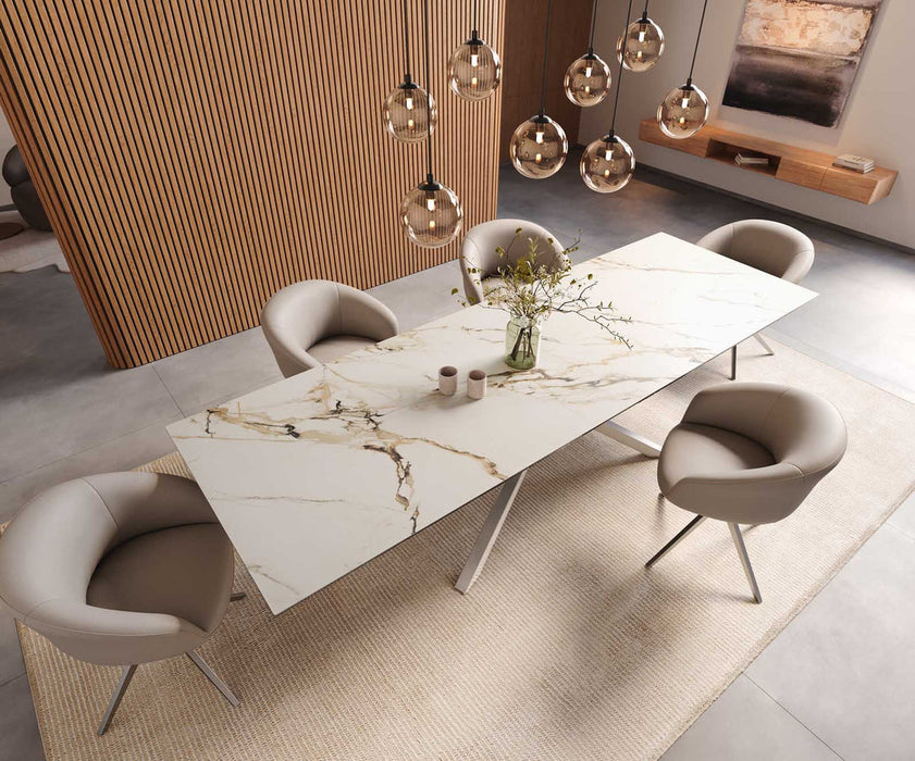 Dining Table Aurora 300x100cm Ceramic Calacatta Luxe Gold Cross Frame Silver