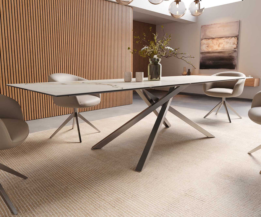 Dining Table Aurora 300x100cm Ceramic Calacatta Luxe Gold Cross Frame Silver